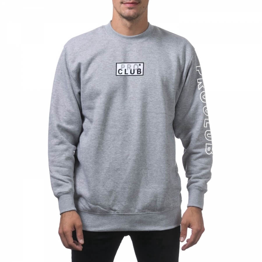 Pro Club Men's Heavyweight Box Logo Crew Neck Fleece Pullover Sweater (13oz)- Gray