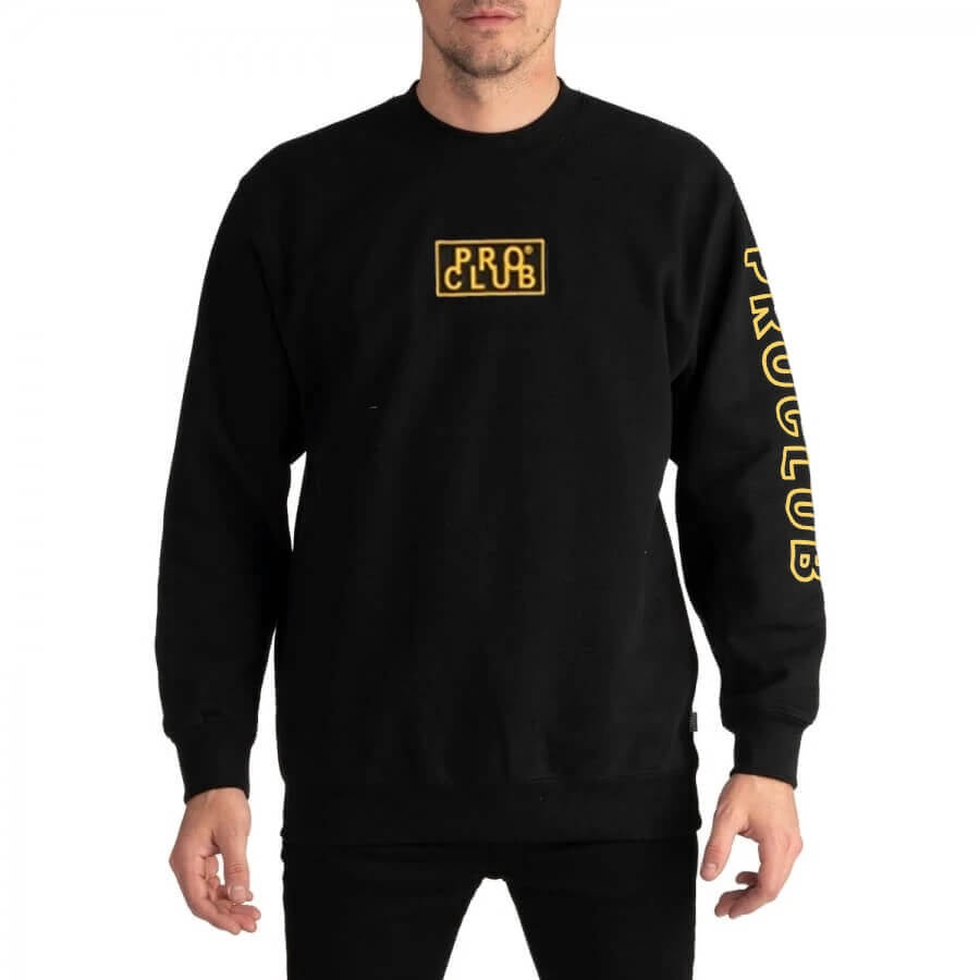 Pro Club Men's Heavyweight Box Logo Crew Neck Fleece Pullover Sweater (13oz)- Black/Gold