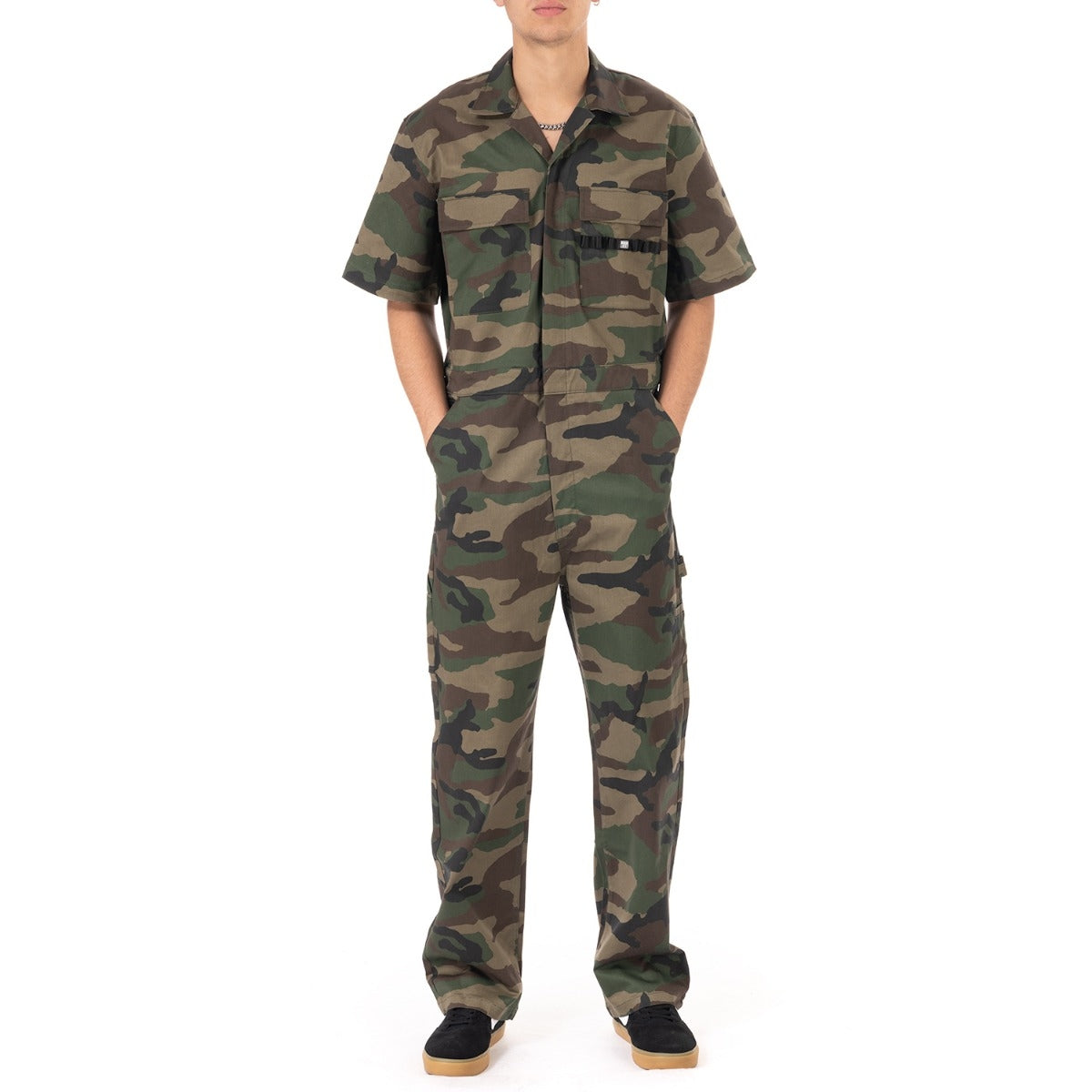 Pro Club Men's Workwear Mechanic's Short Sleeve Coverall - Woodland Camo