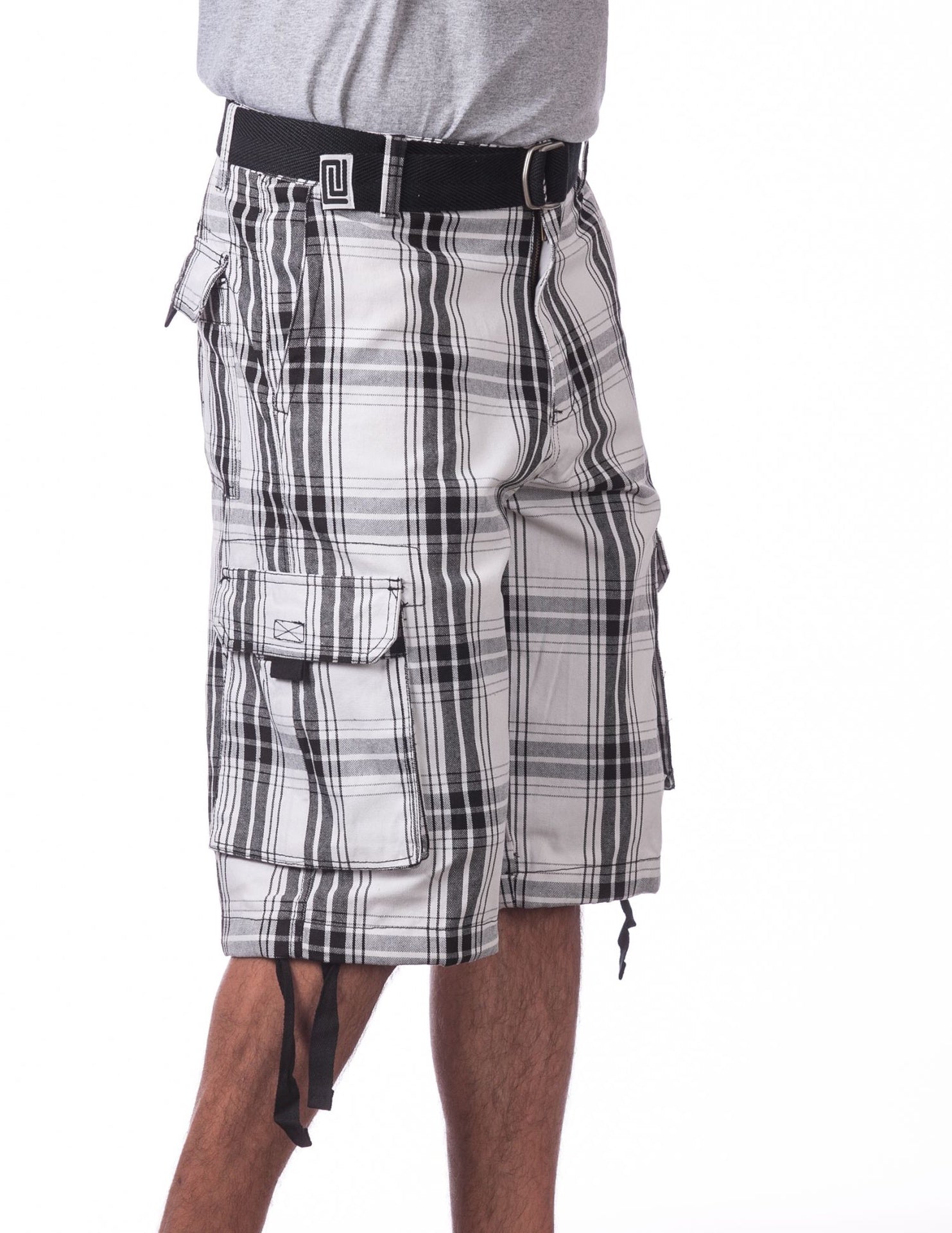 Pro Club Twill Cargo Shorts with Belt - WHITE PLAID