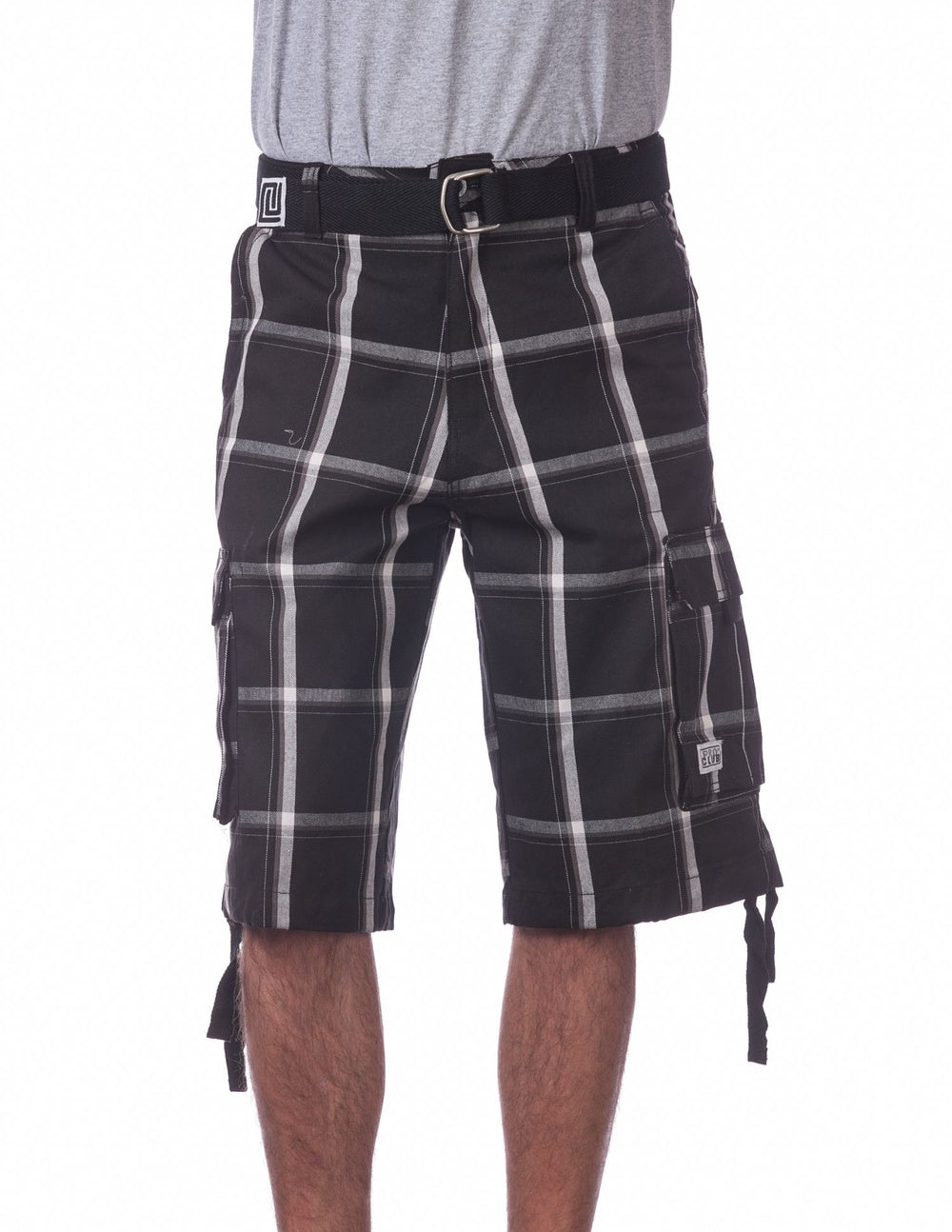 Pro Club Twill Cargo Shorts with Belt - BLACK PLAID
