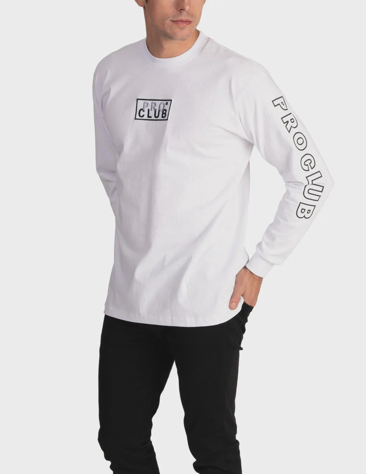 Pro Club Embroidered Box Logo Long Sleeve Heavyweight - WHITE