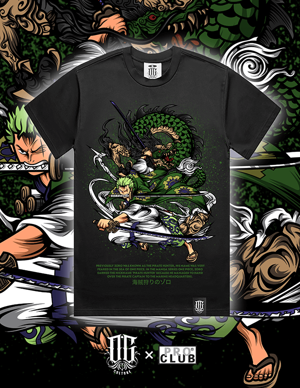 OG Culture X Pro Club Digital Printed Heavyweight Tee - One Piece Roronoa Zoro