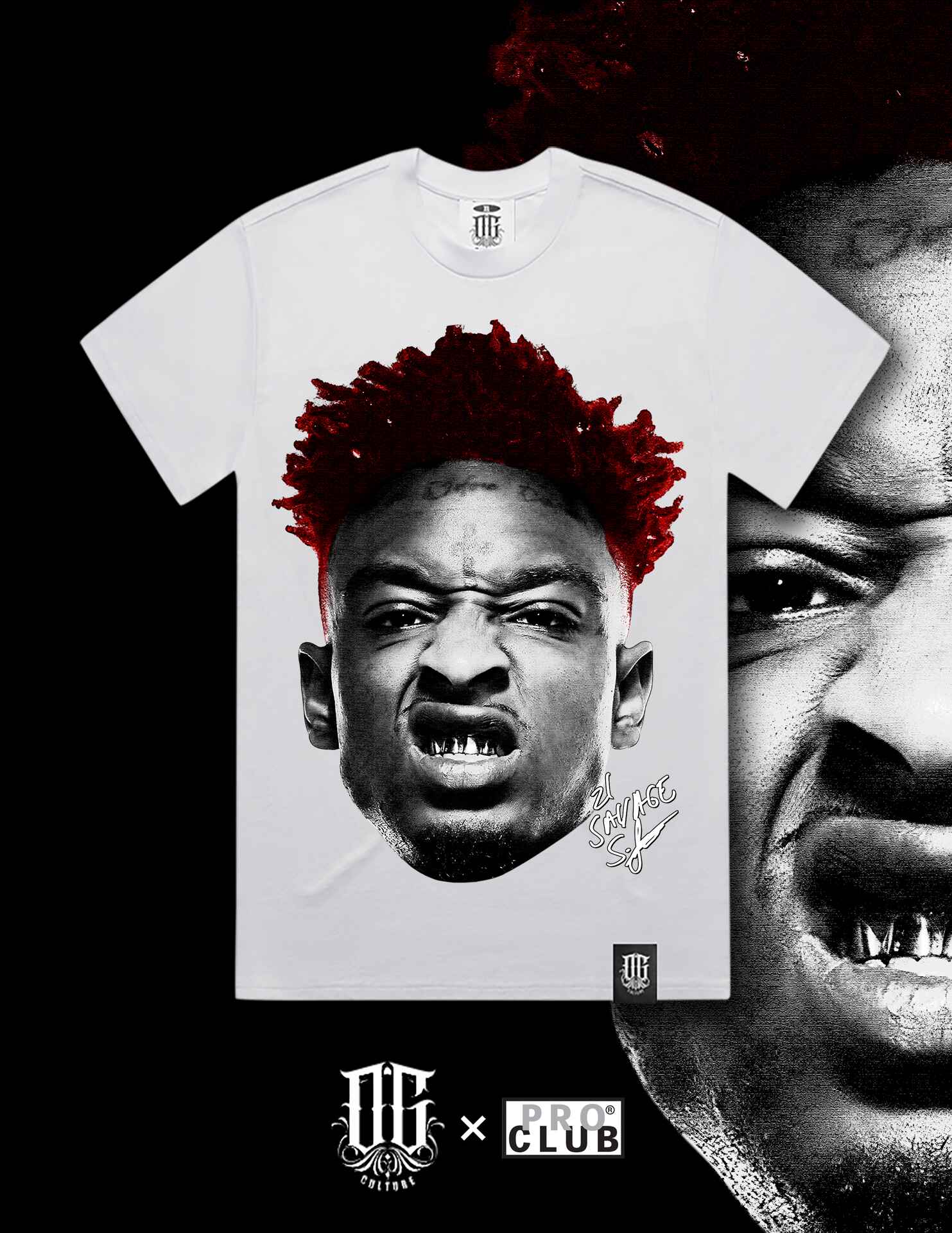 OG Culture X Pro Club Digital Printed Heavyweight Tee - 21 Savage Portrait