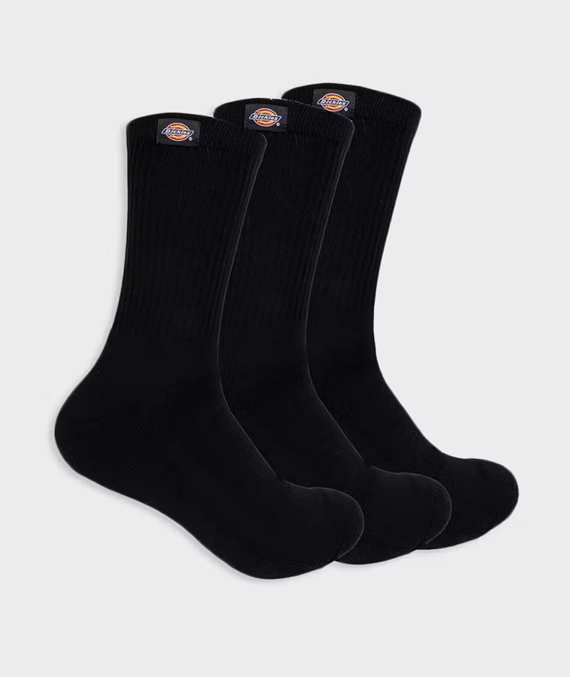 Dickies Classic Label 3 Pack Crew Socks - Black (Size 6-12)