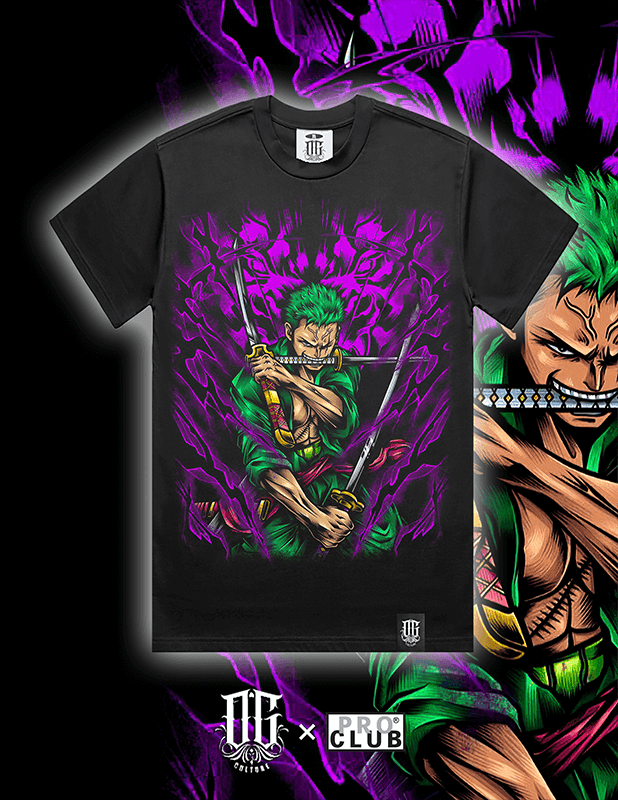 OG Culture X Pro Club Digital Printed Heavyweight Tee - One Piece Pirate Hunter Roronoa Zoro