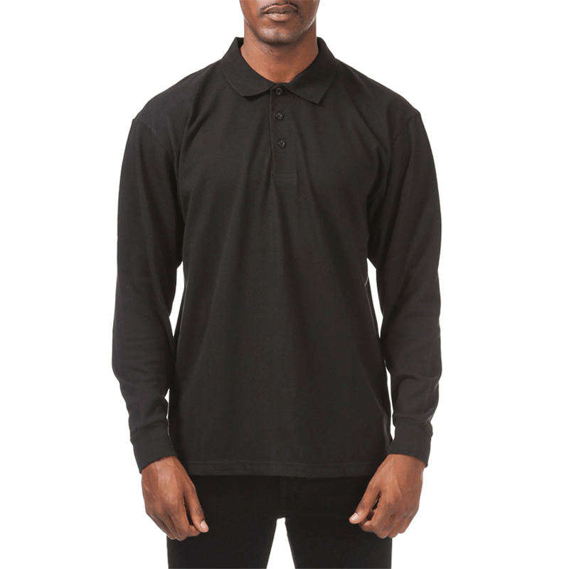 Pro Club Men's Pique Polo Cotton Long Sleeve Shirt - BLACK