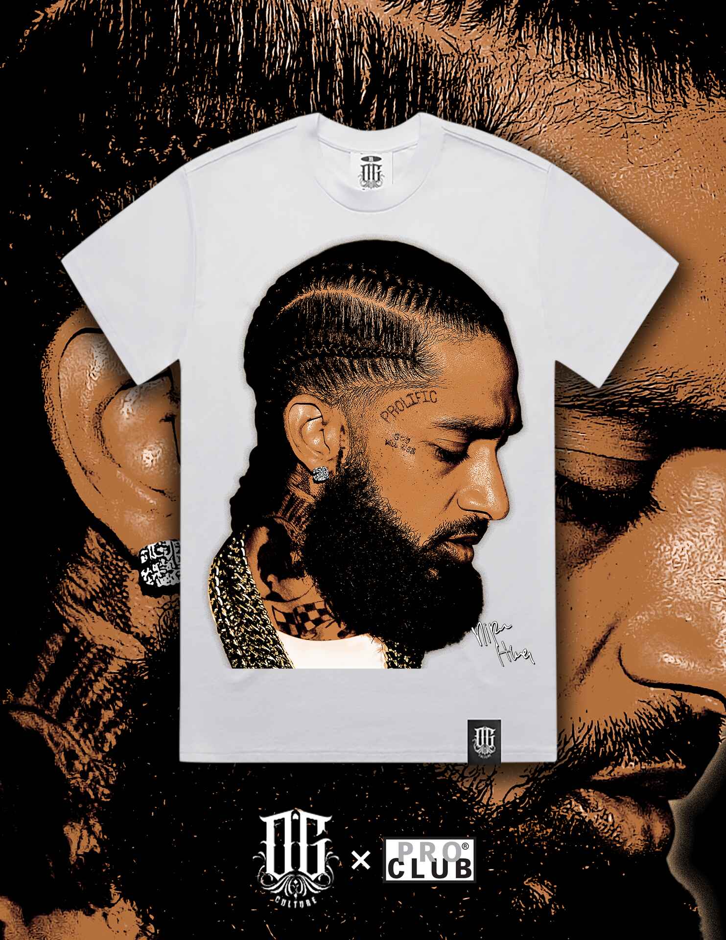 OG Culture X Pro Club Digital Printed Heavyweight Tee - Nipsey Hussle Portrait