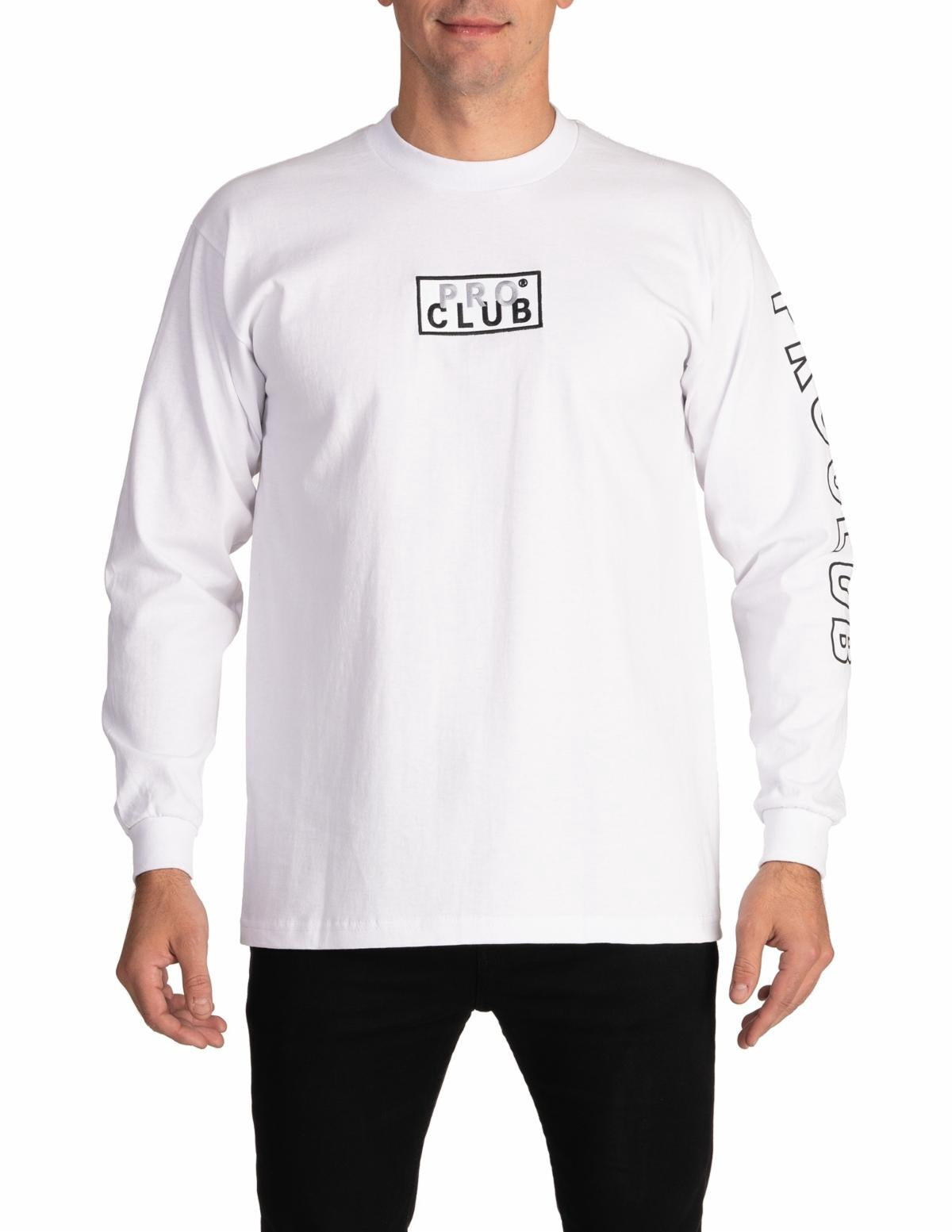 Pro Club Embroidered Box Logo Long Sleeve Heavyweight - WHITE
