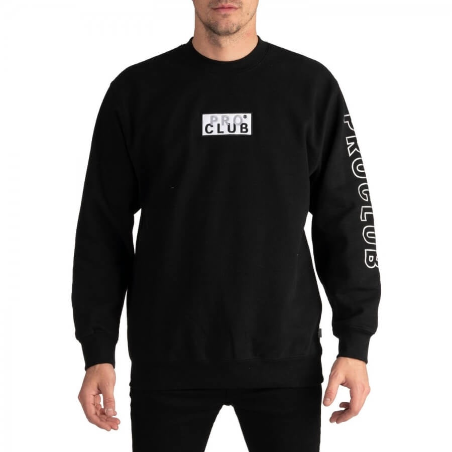 Pro Club Men's Heavyweight Box Logo Crew Neck Fleece Pullover Sweater (13oz)- Black