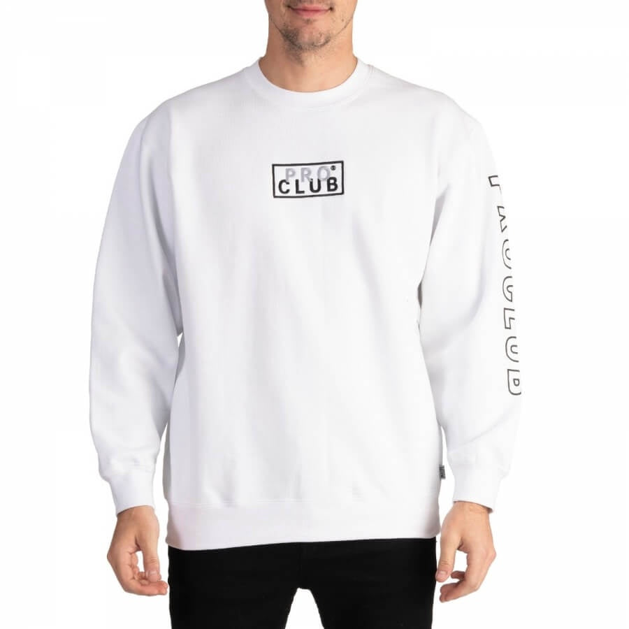 Pro Club Men's Heavyweight Box Logo Crew Neck Fleece Pullover Sweater (13oz)- White