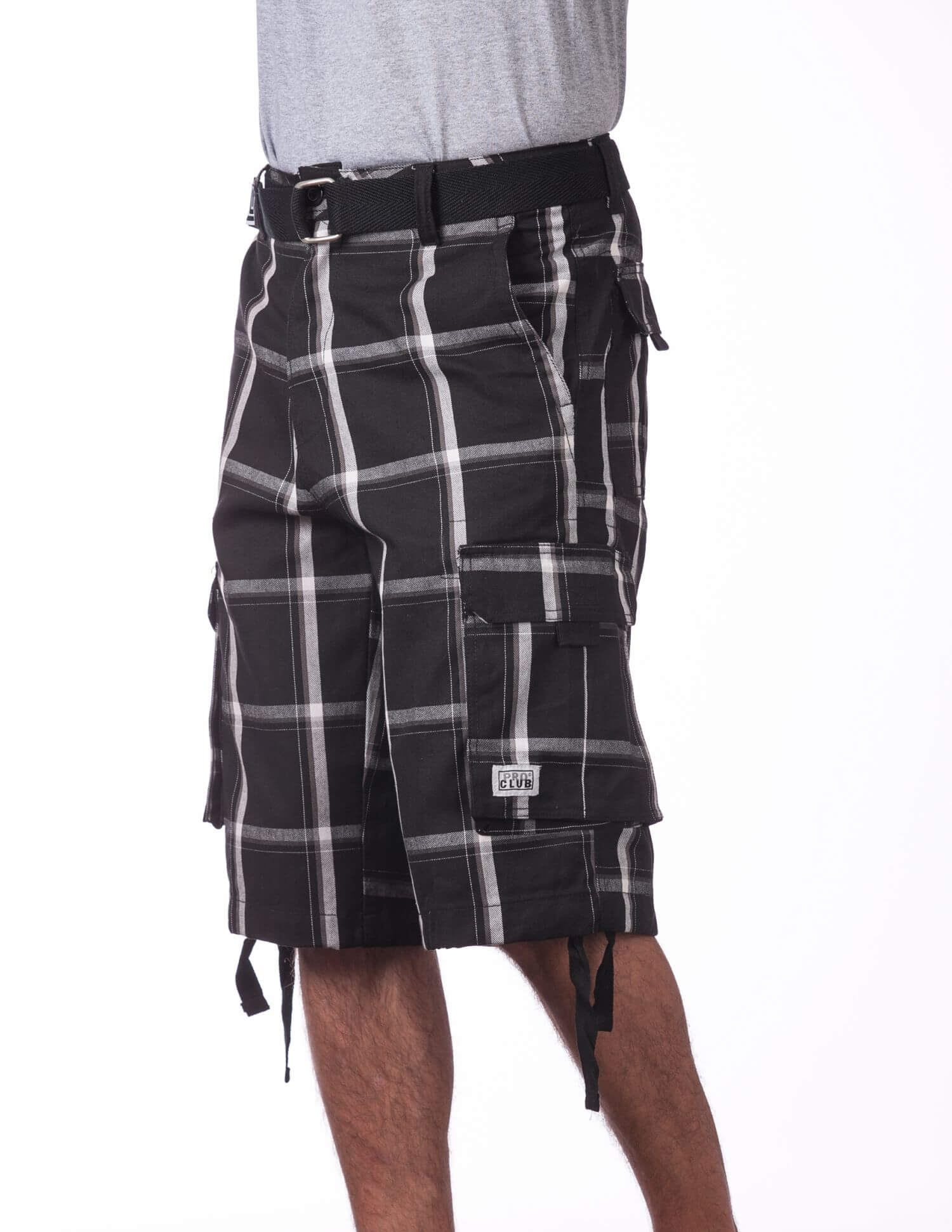 Pro Club Twill Cargo Shorts with Belt - BLACK PLAID