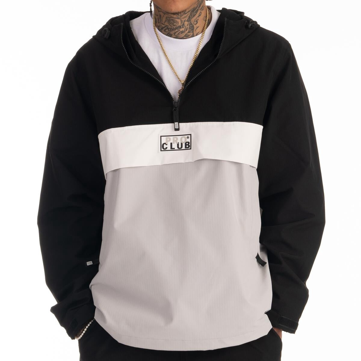 Pro Club Men's Nylon Anorak Pullover Jacket - Black/Gray