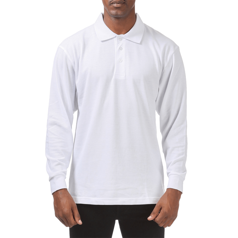 Pro Club Men's Pique Polo Cotton Long Sleeve Shirt - WHITE